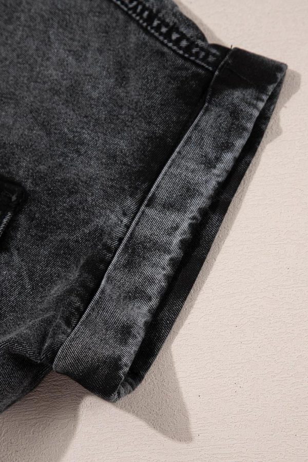 Women Blouses | Black Flap Pocket Button Up Raw Hem Short Sleeve Denim Shirt - Image 6