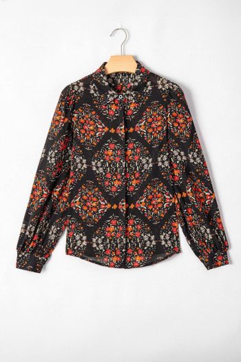Women Blouses | Black Floral Print Collared Button Up Puff Sleeve Shirt
