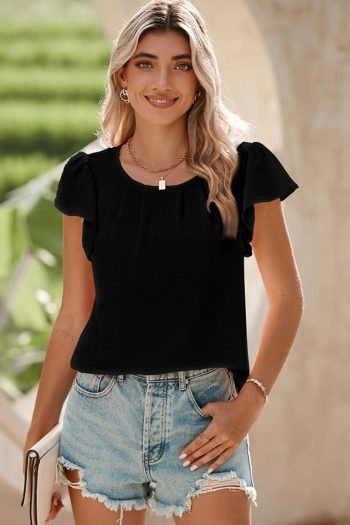 Women Blouses | Black Flounce Sleeve Pleated Textured Blouse