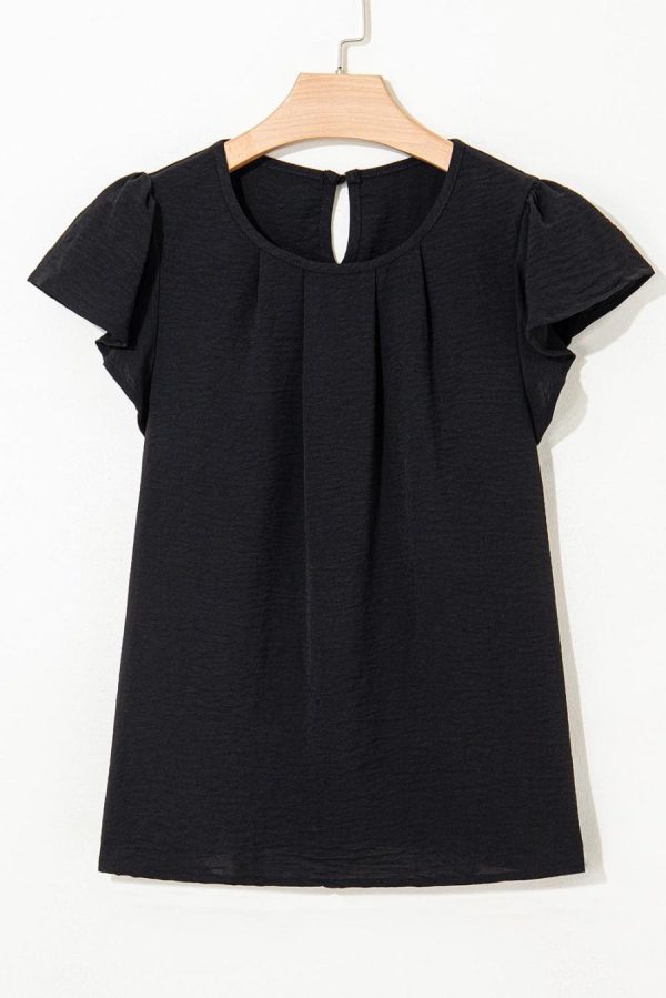 Women Blouses | Black Flounce Sleeve Pleated Textured Blouse - Image 3