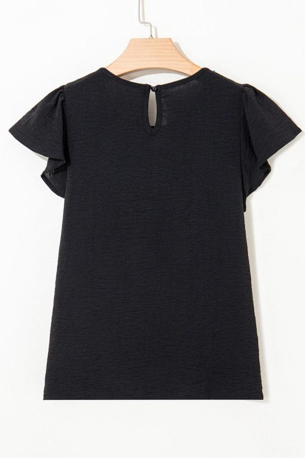Women Blouses | Black Flounce Sleeve Pleated Textured Blouse - Image 4