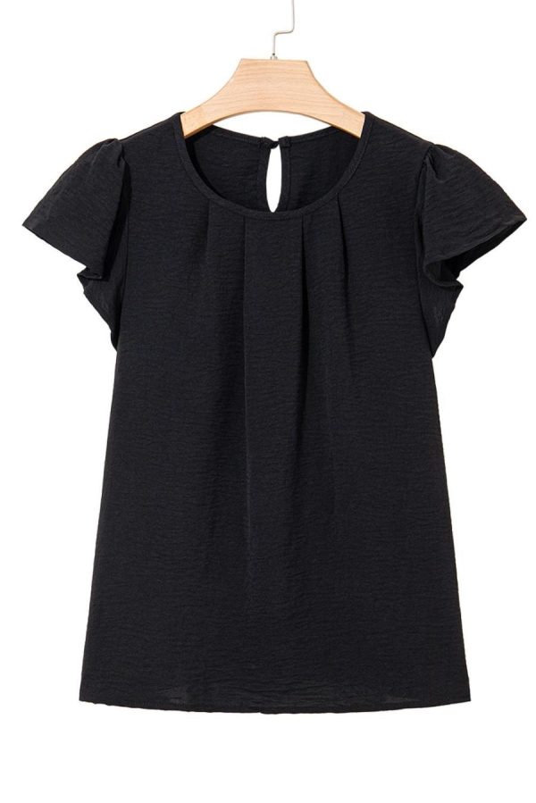 Women Blouses | Black Flounce Sleeve Pleated Textured Blouse - Image 5