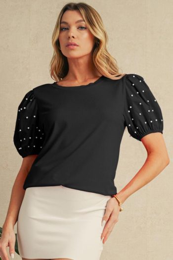Women Blouses | Black Pearl Beaded Puff Sleeve Ribbed Top