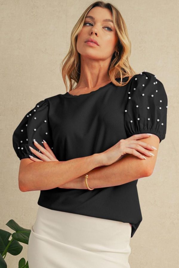 Women Blouses | Black Pearl Beaded Puff Sleeve Ribbed Top - Image 2