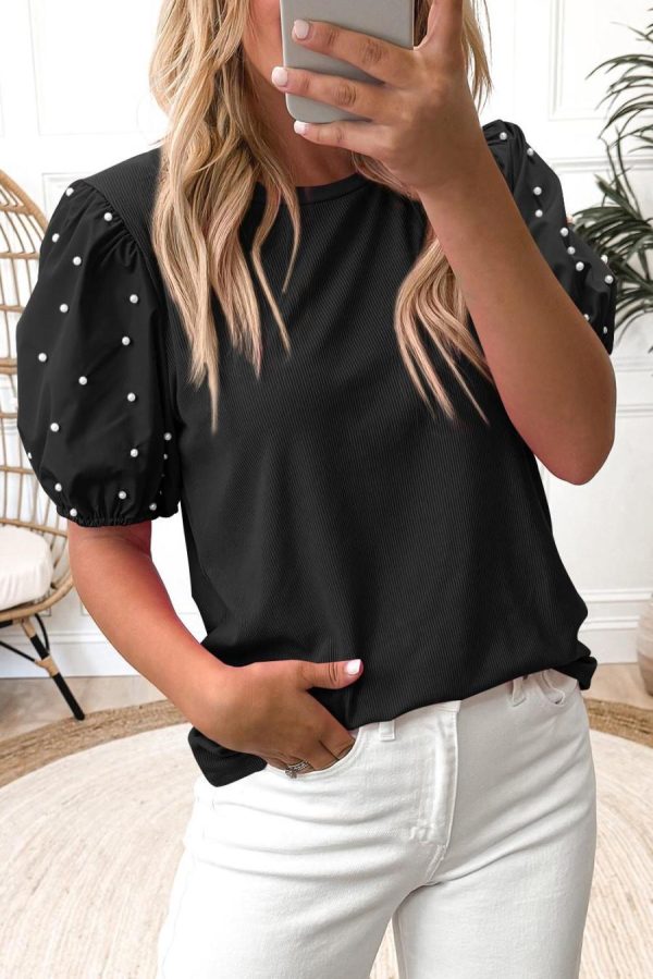 Women Blouses | Black Pearl Beaded Puff Sleeve Ribbed Top - Image 3