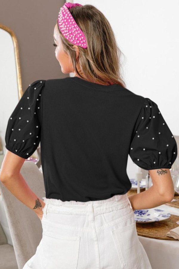 Women Blouses | Black Pearl Beaded Puff Sleeve Ribbed Top - Image 5