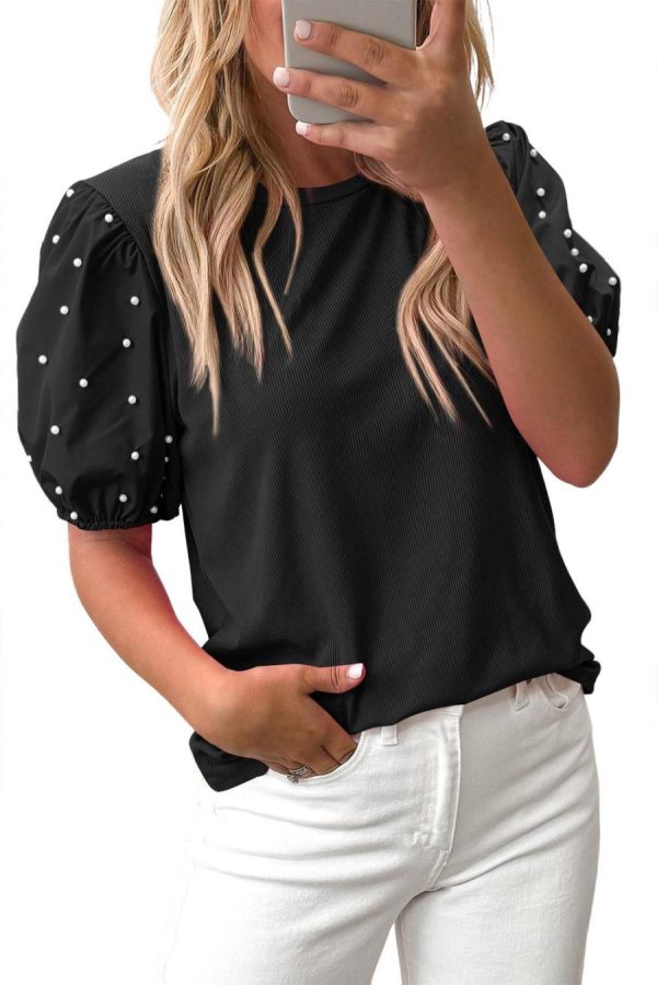 Women Blouses | Black Pearl Beaded Puff Sleeve Ribbed Top - Image 6