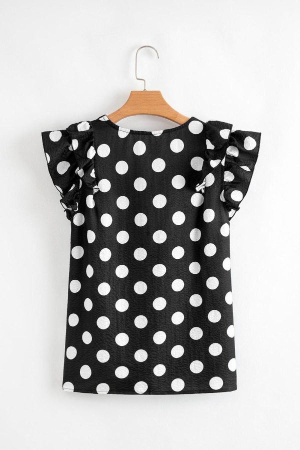 Women Blouses | Black Polka Dot Print V Neck Ruffle Blouse - Image 2