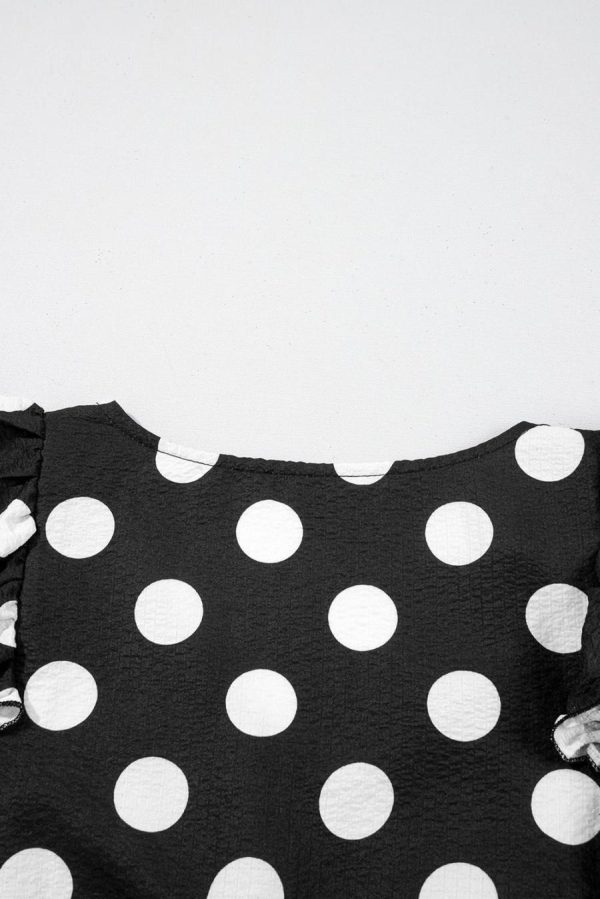Women Blouses | Black Polka Dot Print V Neck Ruffle Blouse - Image 5
