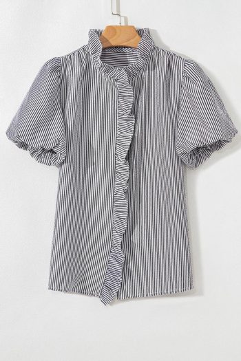 Women Blouses | Black Striped Bubble Sleeve Ruffle Shirt