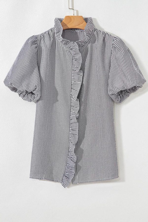 Women Blouses | Black Striped Bubble Sleeve Ruffle Shirt