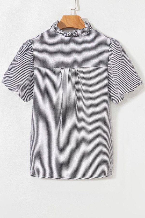 Women Blouses | Black Striped Bubble Sleeve Ruffle Shirt - Image 2
