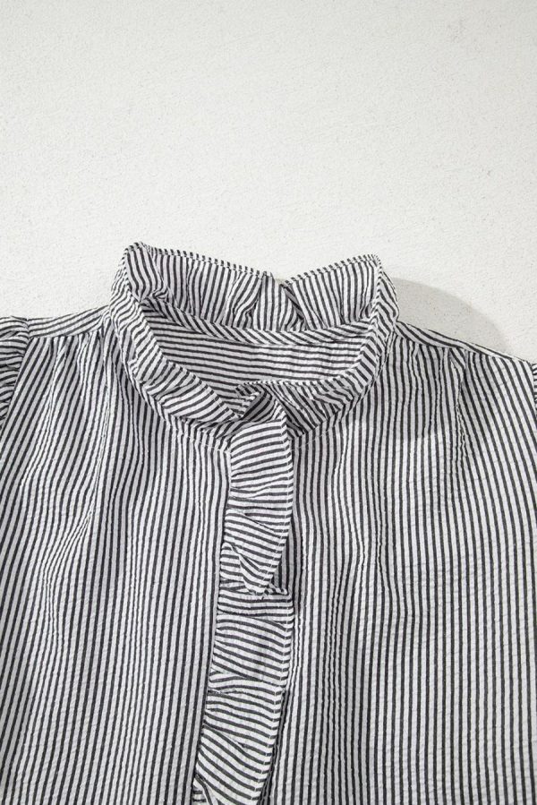 Women Blouses | Black Striped Bubble Sleeve Ruffle Shirt - Image 3