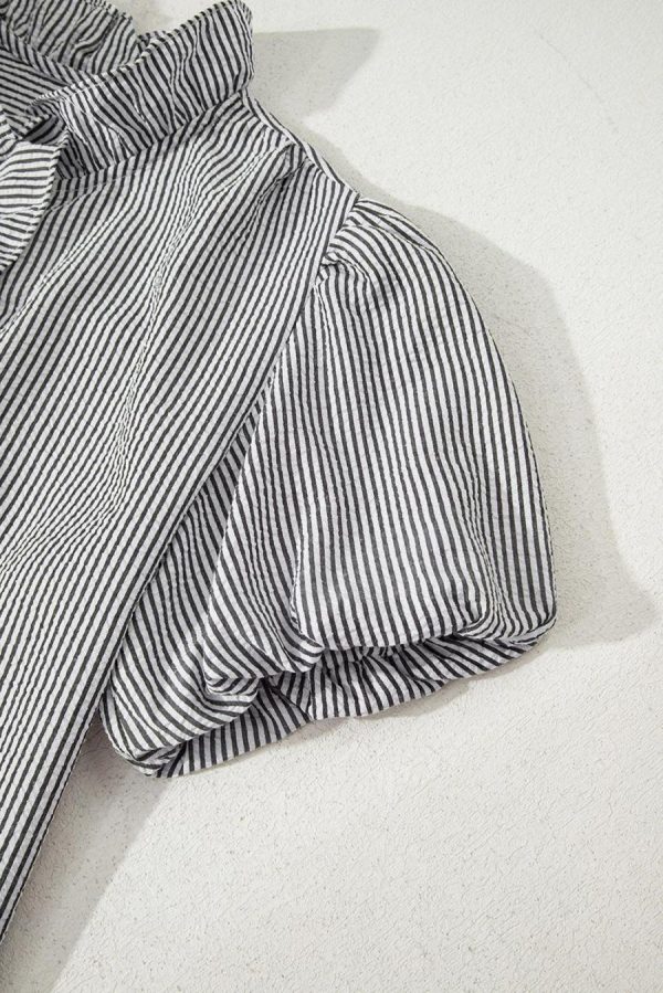 Women Blouses | Black Striped Bubble Sleeve Ruffle Shirt - Image 5