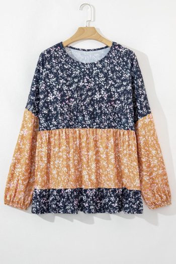 Women Blouses | Blue Ditsy Floral Color Block Ruffle Hem Long Sleeve Top