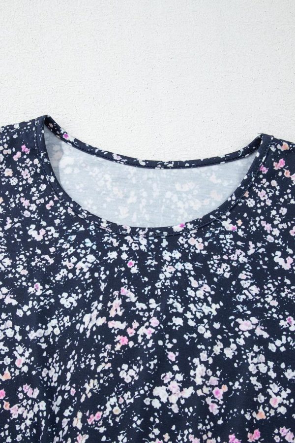 Women Blouses | Blue Ditsy Floral Color Block Ruffle Hem Long Sleeve Top - Image 2