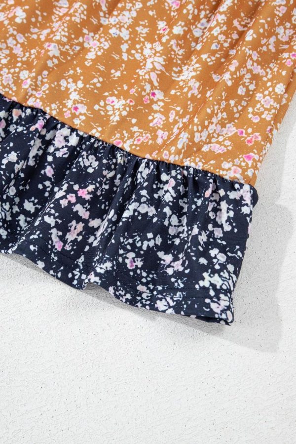 Women Blouses | Blue Ditsy Floral Color Block Ruffle Hem Long Sleeve Top - Image 5