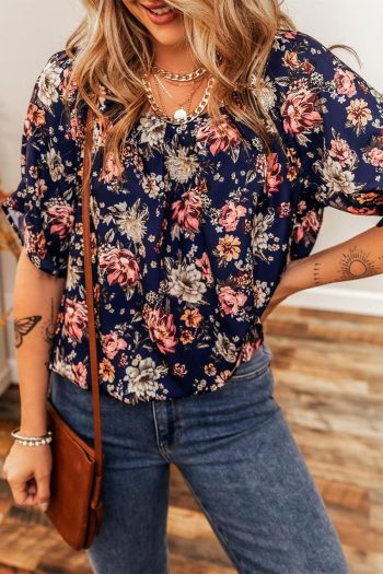 Women Blouses | Blue Floral Print Flounce Sleeve Boho Blouse