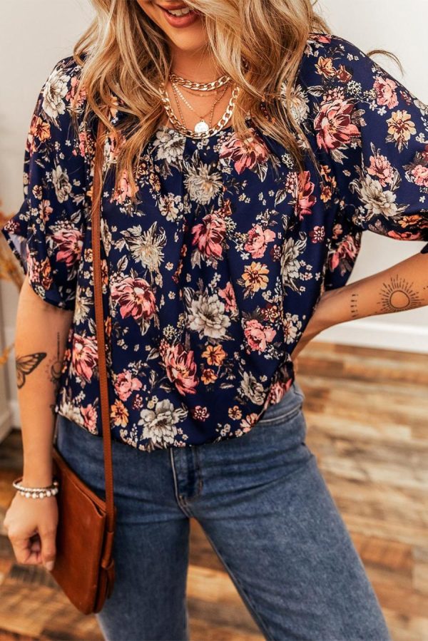 Women Blouses | Blue Floral Print Flounce Sleeve Boho Blouse