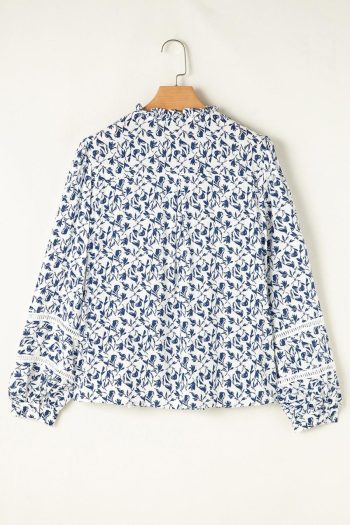 Women Blouses | Blue Floral Print Lace Detail Puff Sleeve Fall Shirt