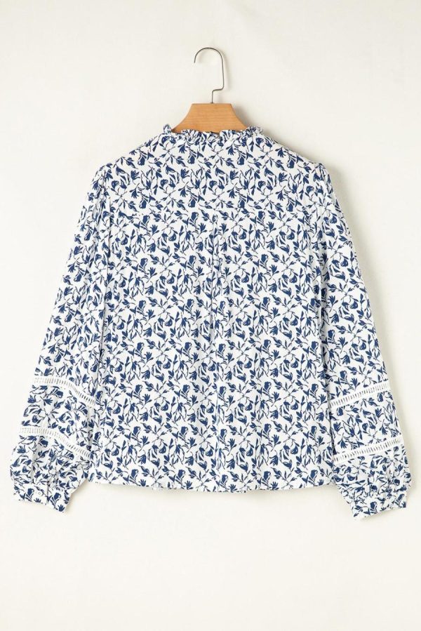 Women Blouses | Blue Floral Print Lace Detail Puff Sleeve Fall Shirt