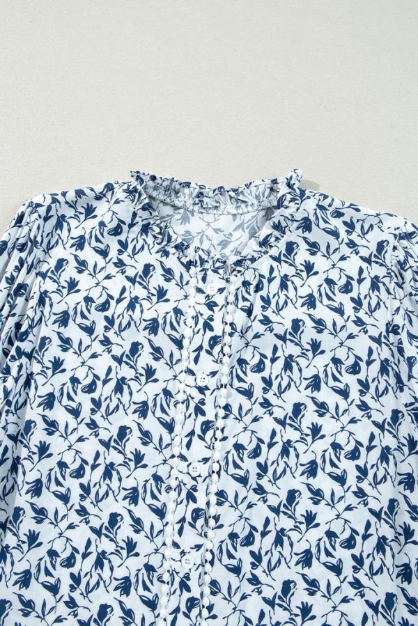 Women Blouses | Blue Floral Print Lace Detail Puff Sleeve Fall Shirt - Image 2
