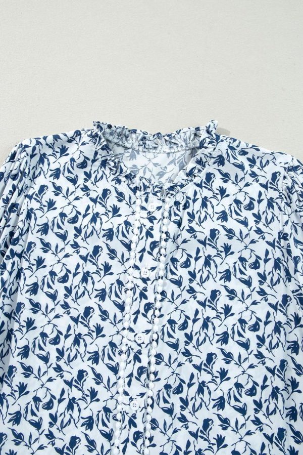 Women Blouses | Blue Floral Print Lace Detail Puff Sleeve Fall Shirt - Image 3