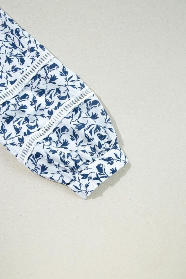 Women Blouses | Blue Floral Print Lace Detail Puff Sleeve Fall Shirt - Image 6
