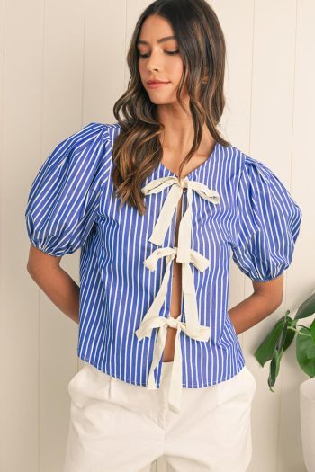 Women Blouses | Blue Stripe Bow Tie Front Puff Short Sleeve Blouse