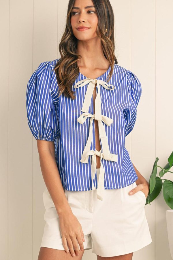 Women Blouses | Blue Stripe Bow Tie Front Puff Short Sleeve Blouse - Image 2