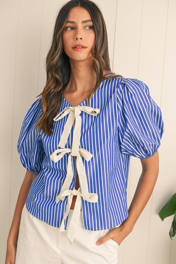 Women Blouses | Blue Stripe Bow Tie Front Puff Short Sleeve Blouse - Image 3