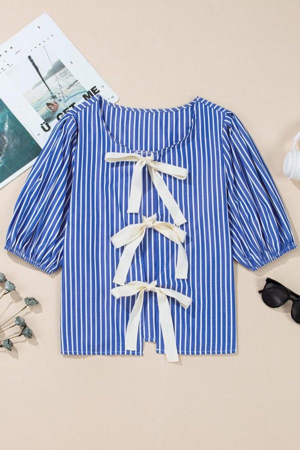 Women Blouses | Blue Stripe Bow Tie Front Puff Short Sleeve Blouse - Image 6