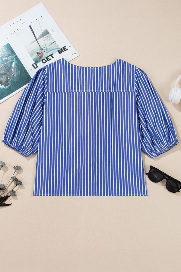 Women Blouses | Blue Stripe Bow Tie Front Puff Short Sleeve Blouse - Image 7