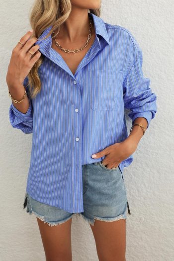 Women Blouses | Blue Stripe Button Up Oversized Casual Shirt