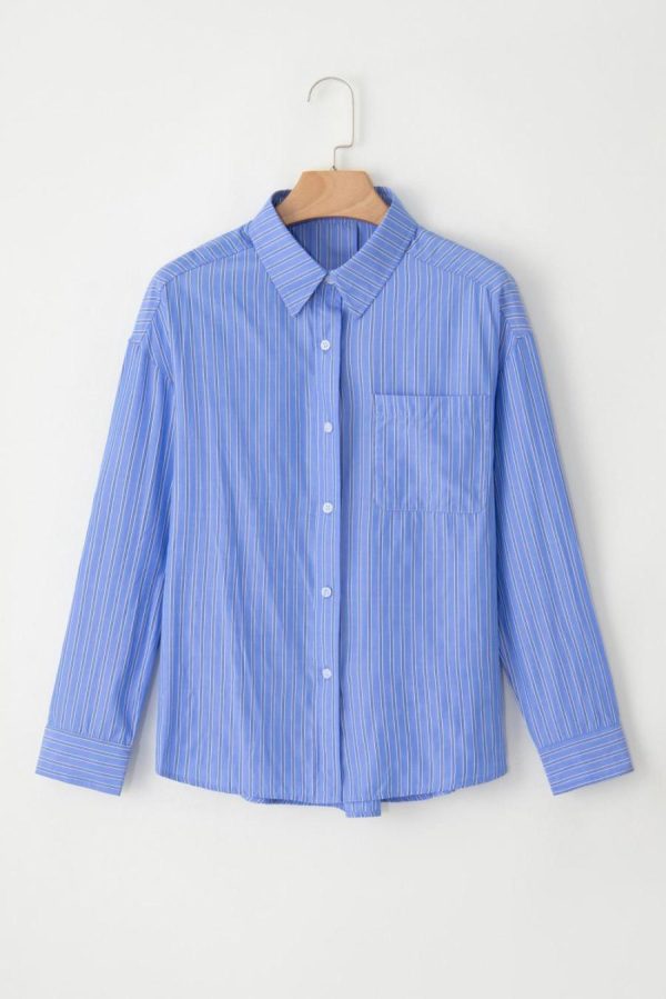 Women Blouses | Blue Stripe Button Up Oversized Casual Shirt - Image 5