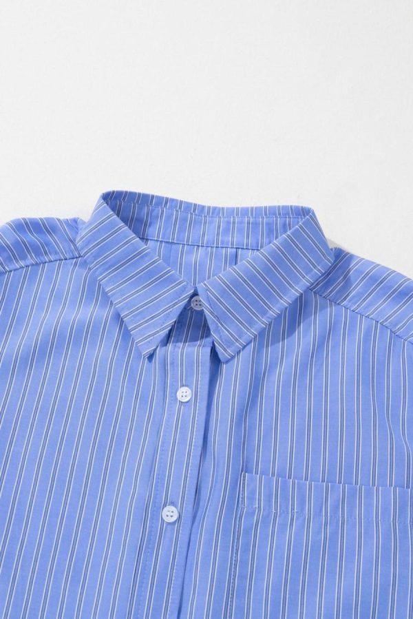 Women Blouses | Blue Stripe Button Up Oversized Casual Shirt - Image 7