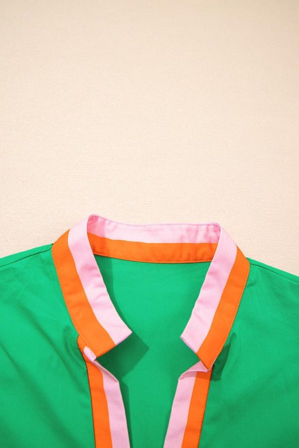 Women Blouses | Bright Green Puff Sleeve Pop Of Color Neckline Blouse - Image 2