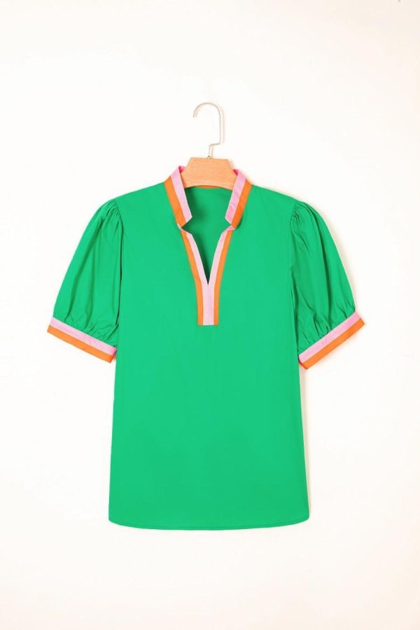 Women Blouses | Bright Green Puff Sleeve Pop Of Color Neckline Blouse - Image 6