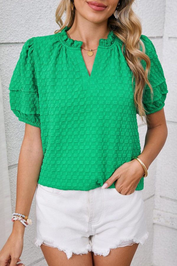 Women Blouses | Bright Green Textured Puff Short Sleeve Notched V Neck Top - Image 5