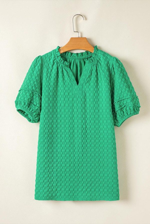 Women Blouses | Bright Green Textured Puff Short Sleeve Notched V Neck Top - Image 6