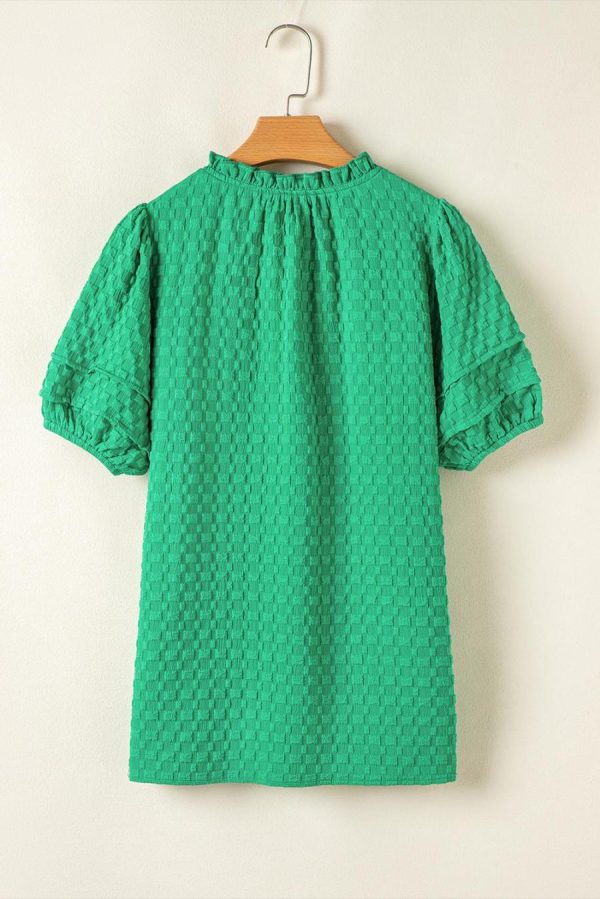 Women Blouses | Bright Green Textured Puff Short Sleeve Notched V Neck Top - Image 7