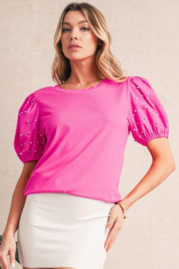 Women Blouses | Bright Pink Pearl Beaded Puff Sleeve Ribbed Top