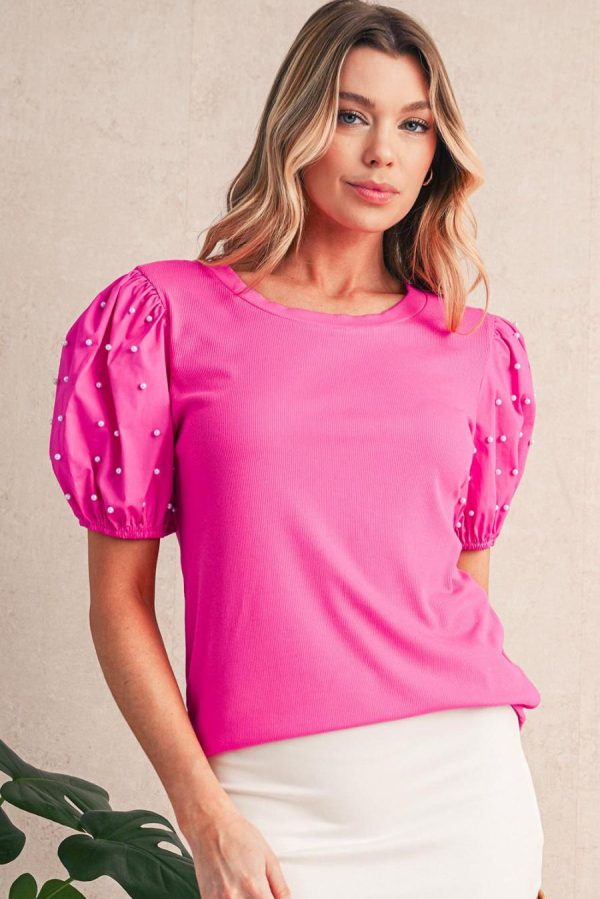 Women Blouses | Bright Pink Pearl Beaded Puff Sleeve Ribbed Top - Image 2