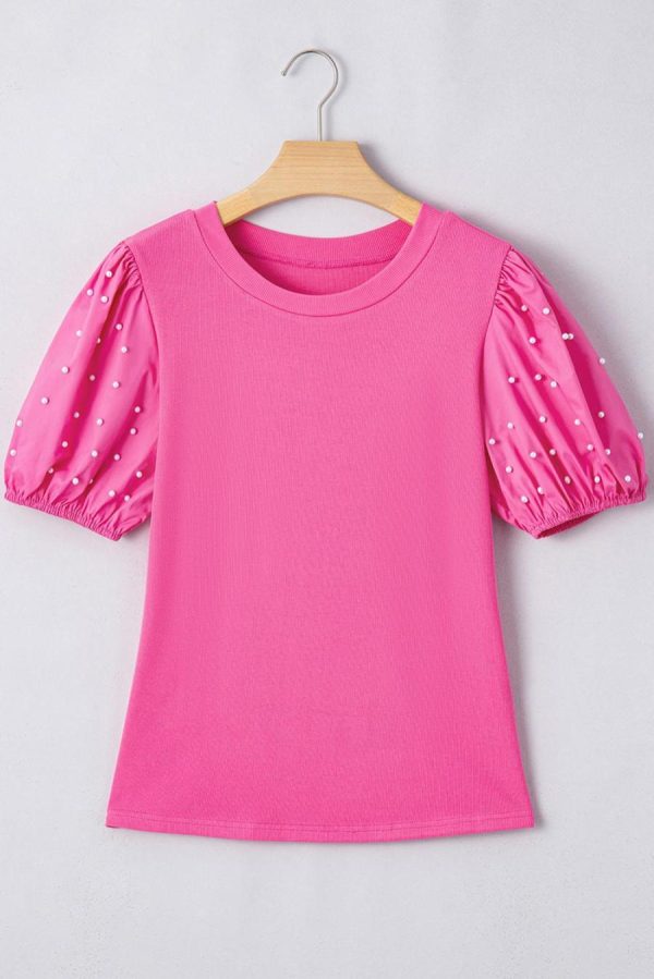 Women Blouses | Bright Pink Pearl Beaded Puff Sleeve Ribbed Top - Image 6