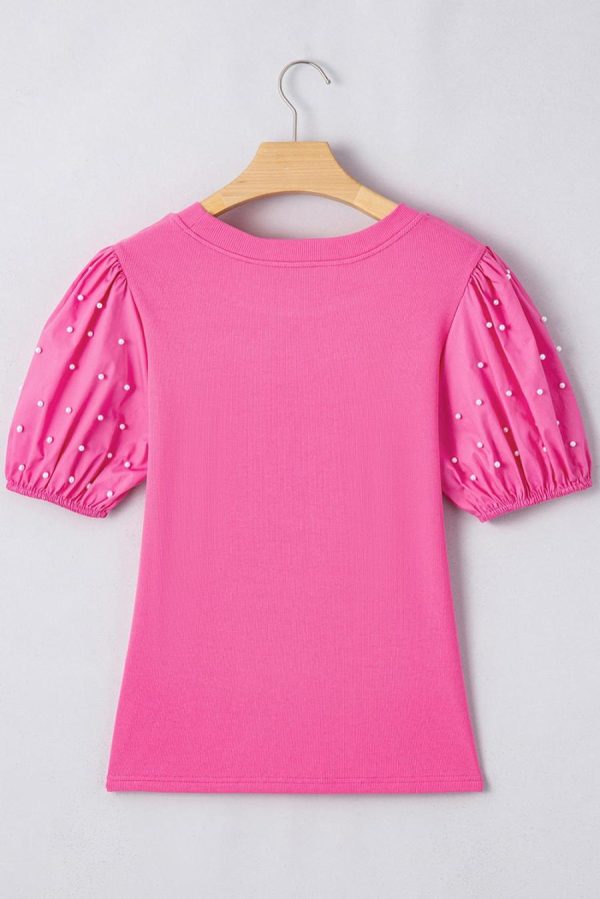 Women Blouses | Bright Pink Pearl Beaded Puff Sleeve Ribbed Top - Image 7