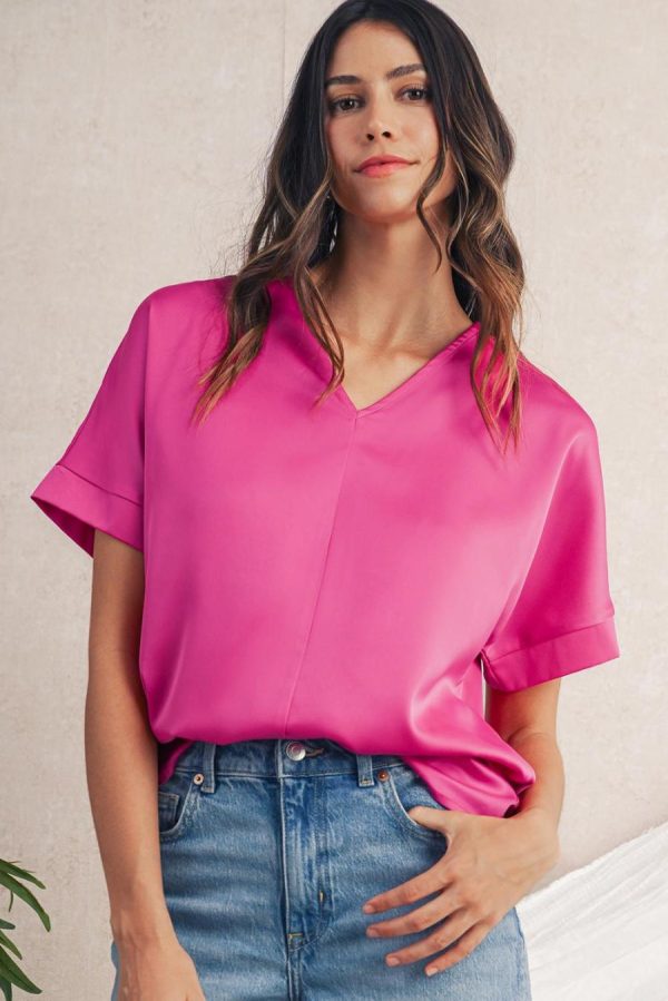 Women Blouses | Bright Pink Plain V-Neck Dolman Sleeve Loose Top - Image 2