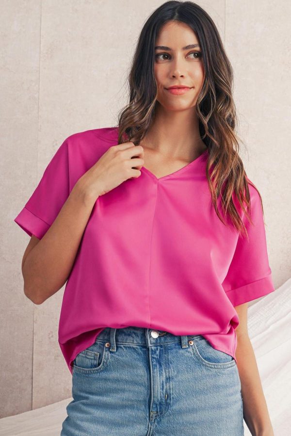 Women Blouses | Bright Pink Plain V-Neck Dolman Sleeve Loose Top - Image 3