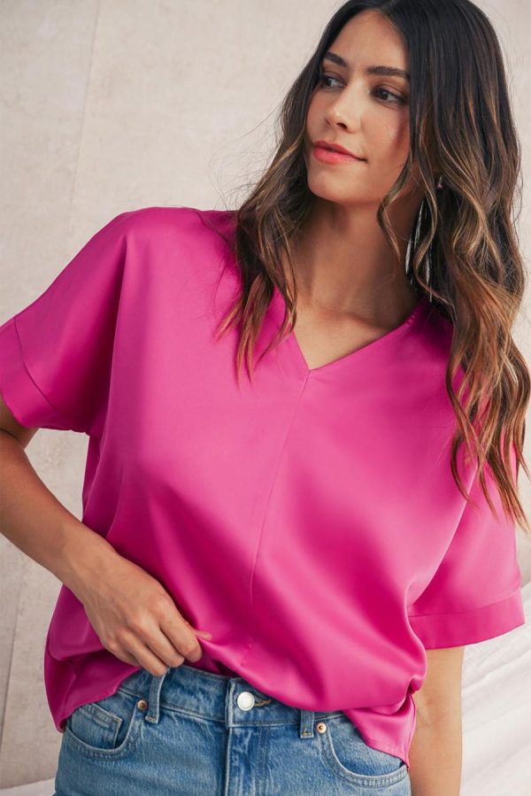 Women Blouses | Bright Pink Plain V-Neck Dolman Sleeve Loose Top - Image 5