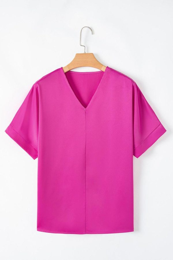 Women Blouses | Bright Pink Plain V-Neck Dolman Sleeve Loose Top - Image 6