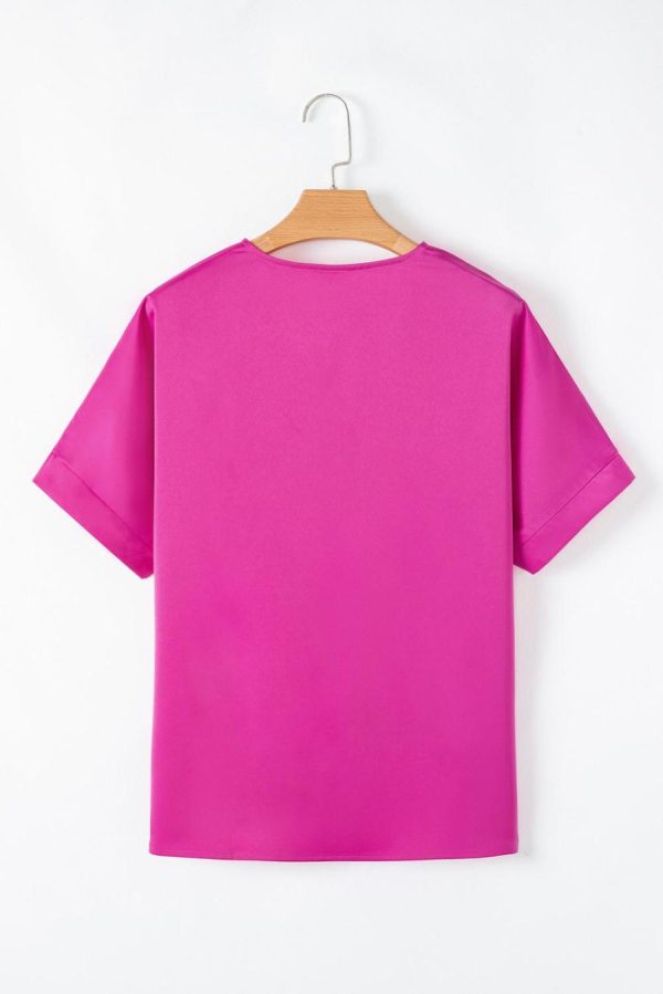 Women Blouses | Bright Pink Plain V-Neck Dolman Sleeve Loose Top - Image 7